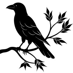 Black crow on a tree branch. Vector illustration isolated silhouette with white Background.