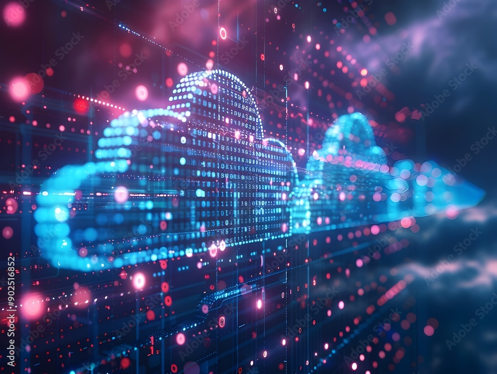 Poster flowing binary code in vibrant digital cloud representing cutting edge cloud computing concept