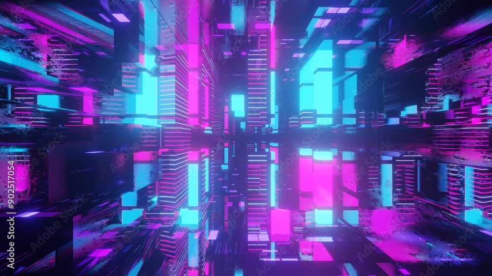 Poster fly through technology cyberspace with neon glow. abstract blocks. sci-fi flight through hi-tech tec