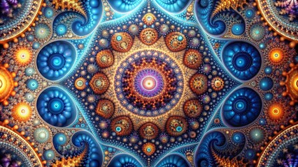 Cosmic Tapestry Fractal Patterns of Blue, Orange, and Gold, Digital Art, Fractal Art, Psychedelic Art, Abstract Art