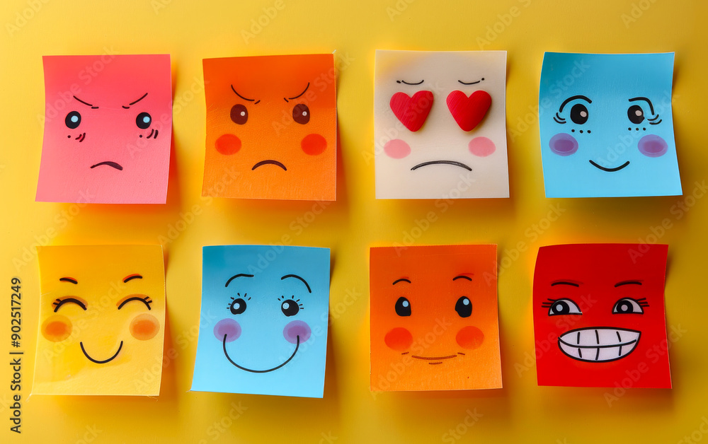 Poster a collection of colorful sticky notes with different facial expressions, including a frowning face, 