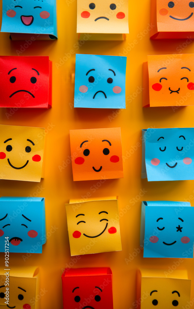 Poster a row of colorful sticky notes with different facial expressions. scene is cheerful and lighthearted