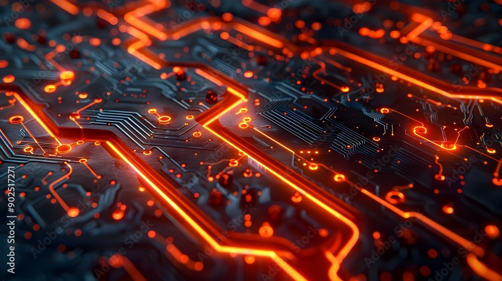 Poster glowing pathways of a high tech circuit board in a dark cyber background