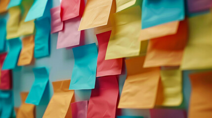Whiteboard covered with colorful sticky notes for brainstorming session