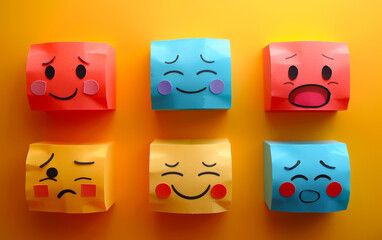 A row of paper faces with different expressions. The faces are smiling, frowning, and looking surprised.