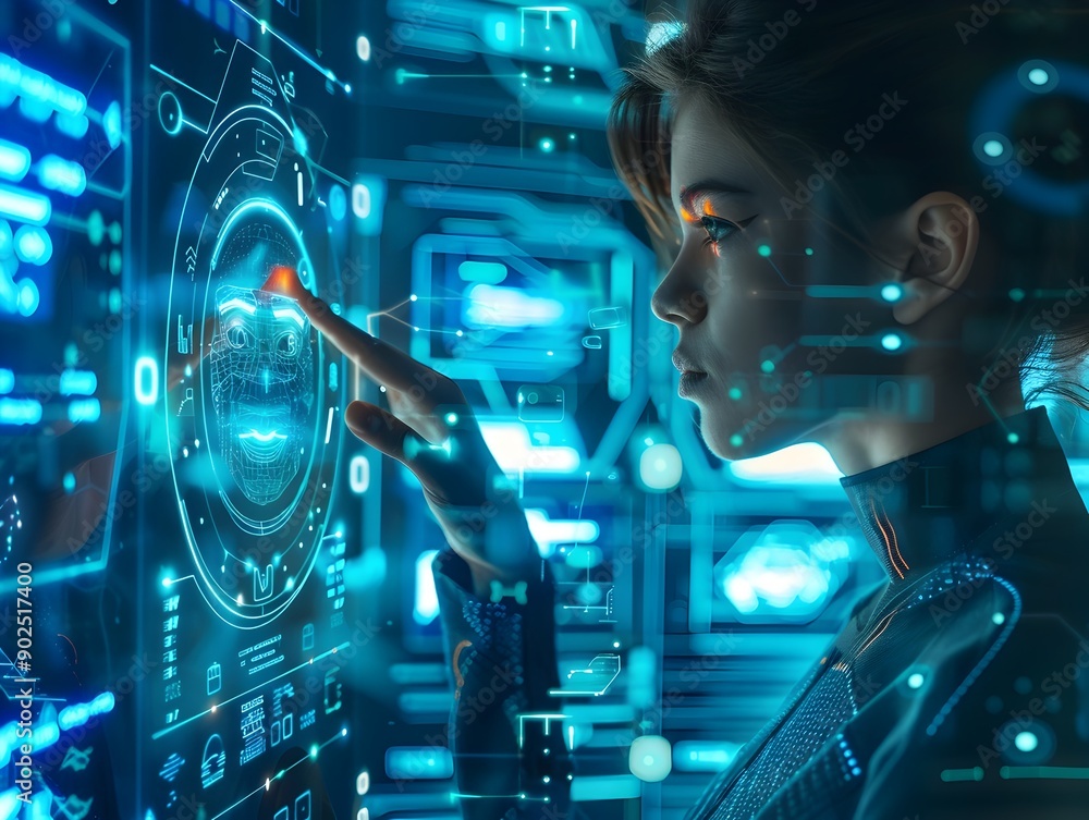 Poster hologram assistant interacting with user in futuristic cyber workspace