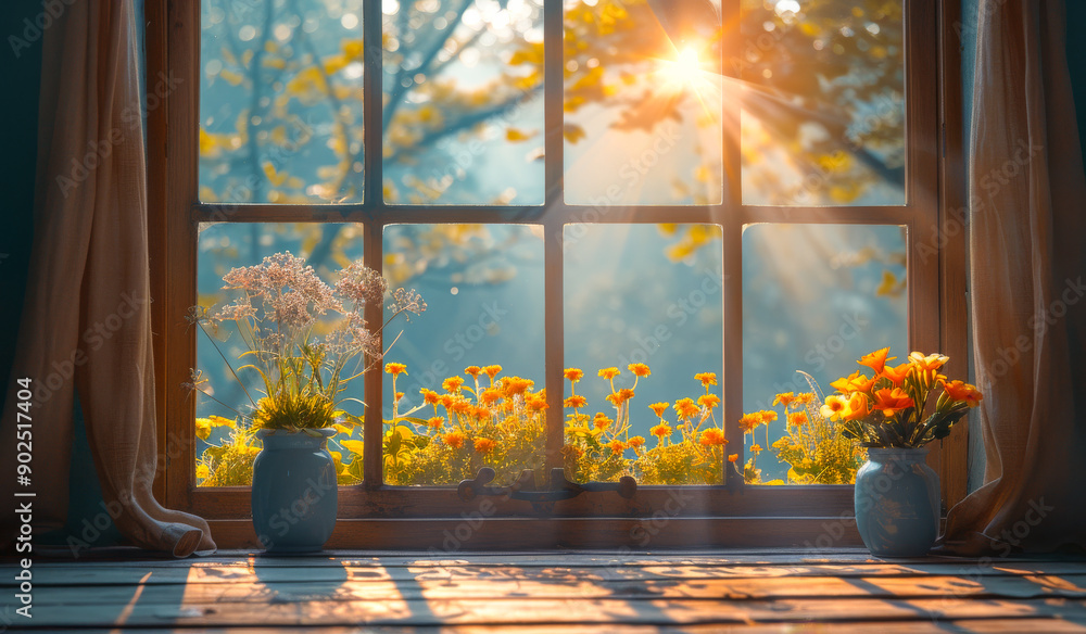 Poster a window with a view of a field of flowers and a sun shining through the window