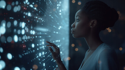 Black businesswoman engaging with digital data display in dimly lit corporate environment