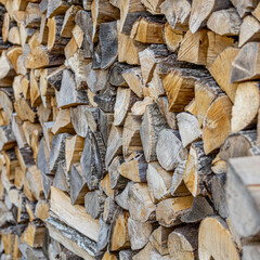Background of stacked chopped wood logs. Pile of wood logs ready for winter. Wooden stumps, firewood stacked in heap