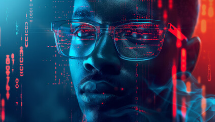 Futuristic portrait of an african american man analyzing stock market trends in a digital landscape