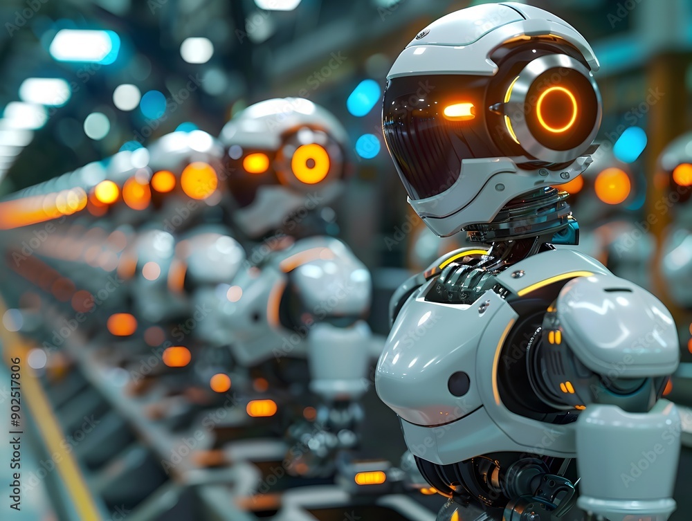 Poster ai driven robots performing automated tasks in a futuristic cyber factory