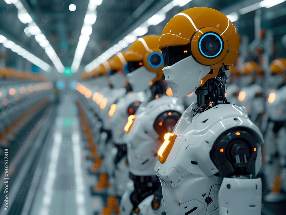 Poster ai driven robots automating a cyber factory in futuristic industrial setting