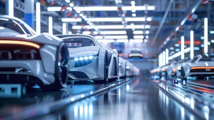 Assembly Line of Modern Cars in a Factory, Automotive, Manufacturing, Future , Technology