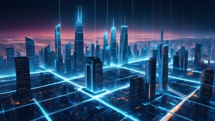 Obraz premium A cityscape with a grid of lights that is illuminated in blue