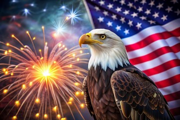 Majestic bald eagle stands proudly on a waving American flag, surrounded by vibrant fireworks and bokeh lights, epitomizing freedom and national pride.