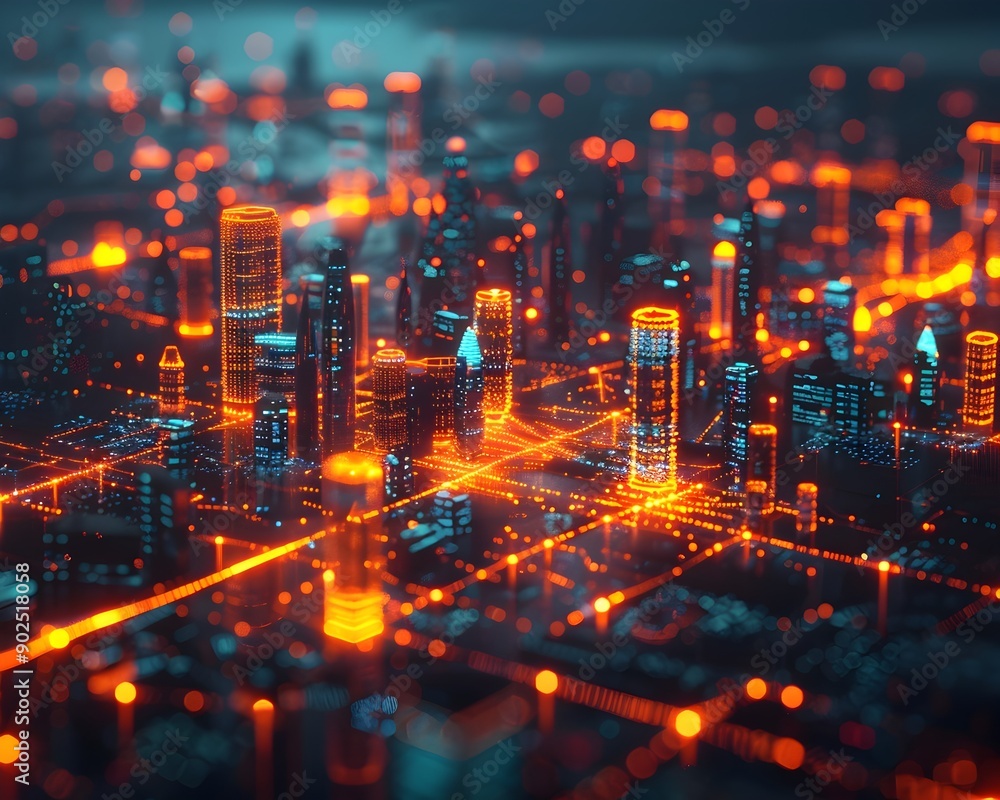 Poster illuminated digital city model with glowing grids and cyber data pathways symbolizing smart urban co