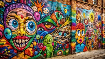 Obraz premium Vibrant graffiti and playful doodles cover a worn brick wall, showcasing a kaleidoscope of colors and artistic expressions in an urban visual masterpiece.