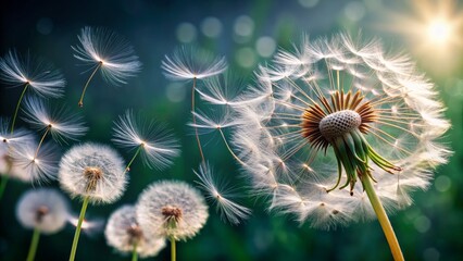 Obraz premium Dandelion Wishes in the Sunlight Macro Photography of Delicate Seed Heads, Flower , Nature , Summer , Seeds