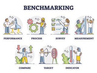 Benchmarking as business comparison to competitors collection outline set, transparent background. Company development strategy model as performance, quality, cost measurement.