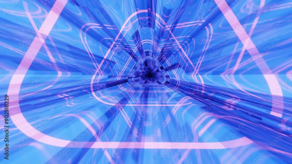Poster 4k seamless looped animation. fly through blue mirror tunnel with neon pattern, glow lines form sci 