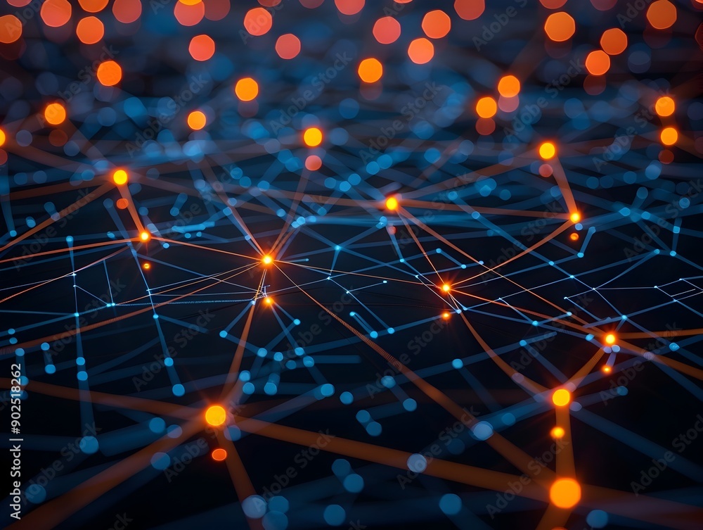 Poster glowing cybernetic network map with interconnected data nodes in dark background
