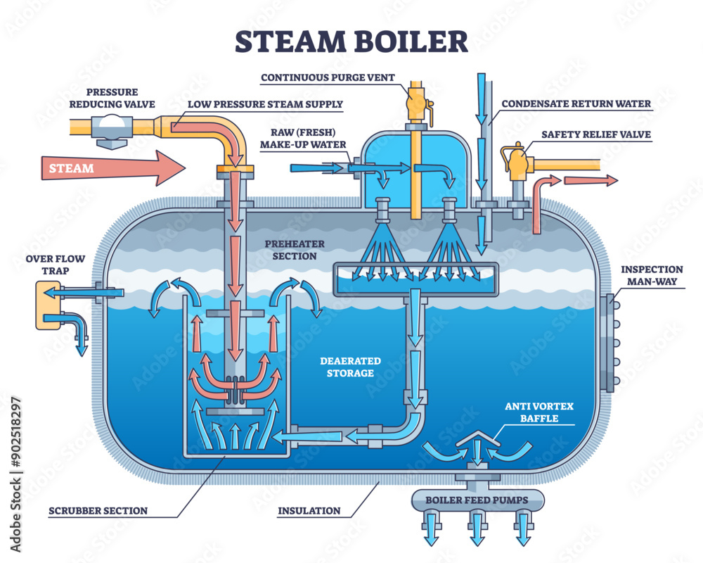 Poster steam boiler structure and physical principle explanation outline diagram, transparent background. l