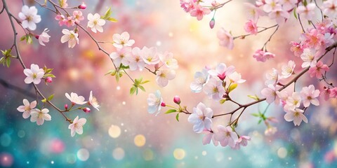 Naklejka premium Delicate Pink Blossoms on a Branch with Soft Bokeh Background, Spring, Flowers, Nature, Beauty