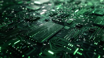 Close Up of Green Circuit Board with Glowing Lines, 3D Rendering, Technology, Circuitry, Motherboard, Electronics