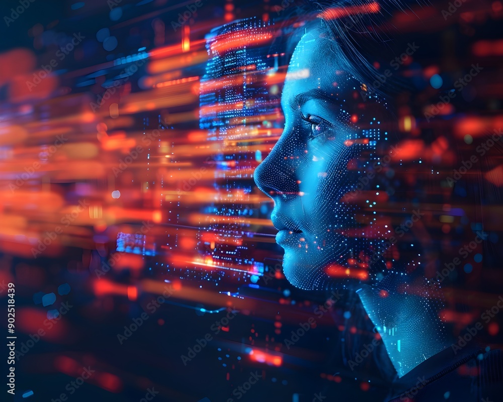Poster avatar interacting with digital data streams in a high tech cyber environment