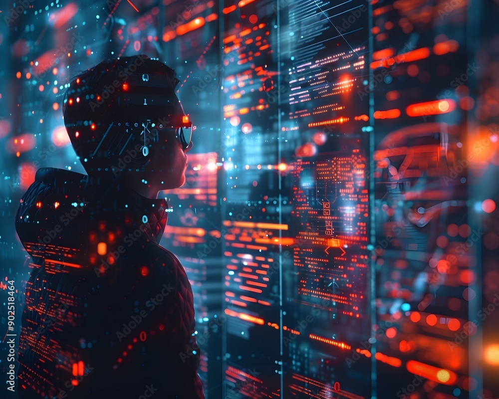 Poster avatar interacting with digital data streams in high tech cyber environment