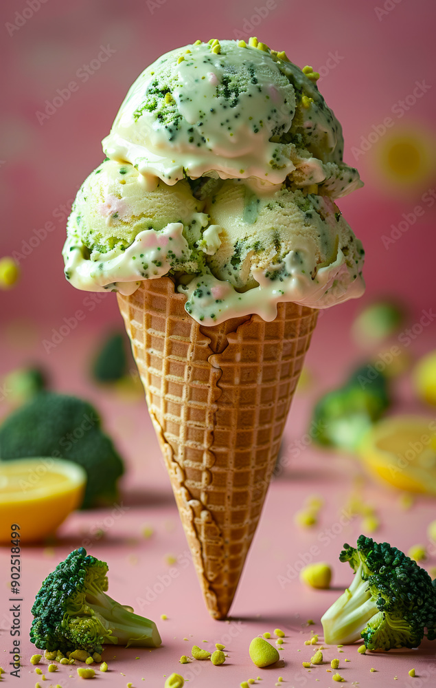 Poster a scoop of ice cream in a cone with a side of broccoli and a lemon