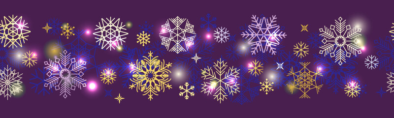 Seamless banner. Blue, lilac, golden snowflakes and sparkles on a dark blue background. Vector