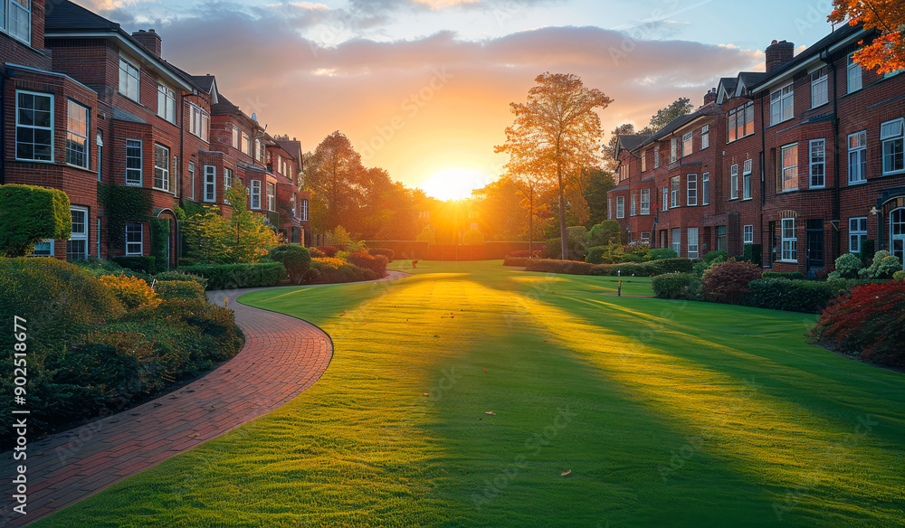 Poster a large grassy field with a path leading through it. the sun is setting, casting a warm glow over th