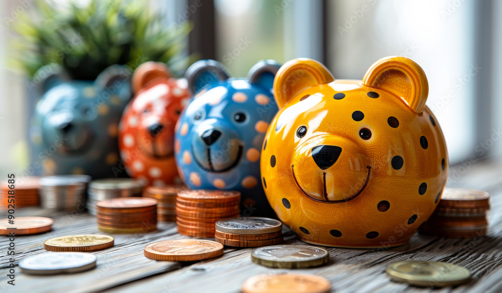 Poster three teddy bears with polka dots sit on a table with a pile of coins. the bears are smiling and see