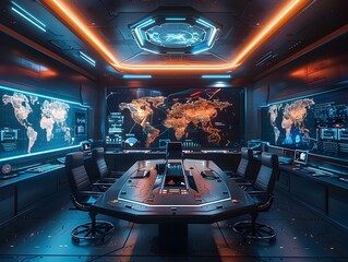 Futuristic Cyber War Room with Holographic Strategy Displays and Data Maps Technology Concept