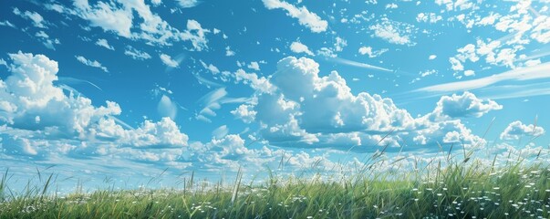 Field of Dreams with White Clouds, Digital Art, Landscape, Grass, Sky, Cloudscape , Nature
