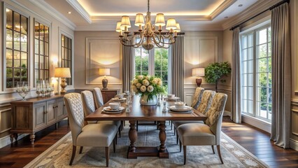 Elegant Dining Room with Chandelier and Floral Centerpiece, dining room , interior design, chandelier, flowers