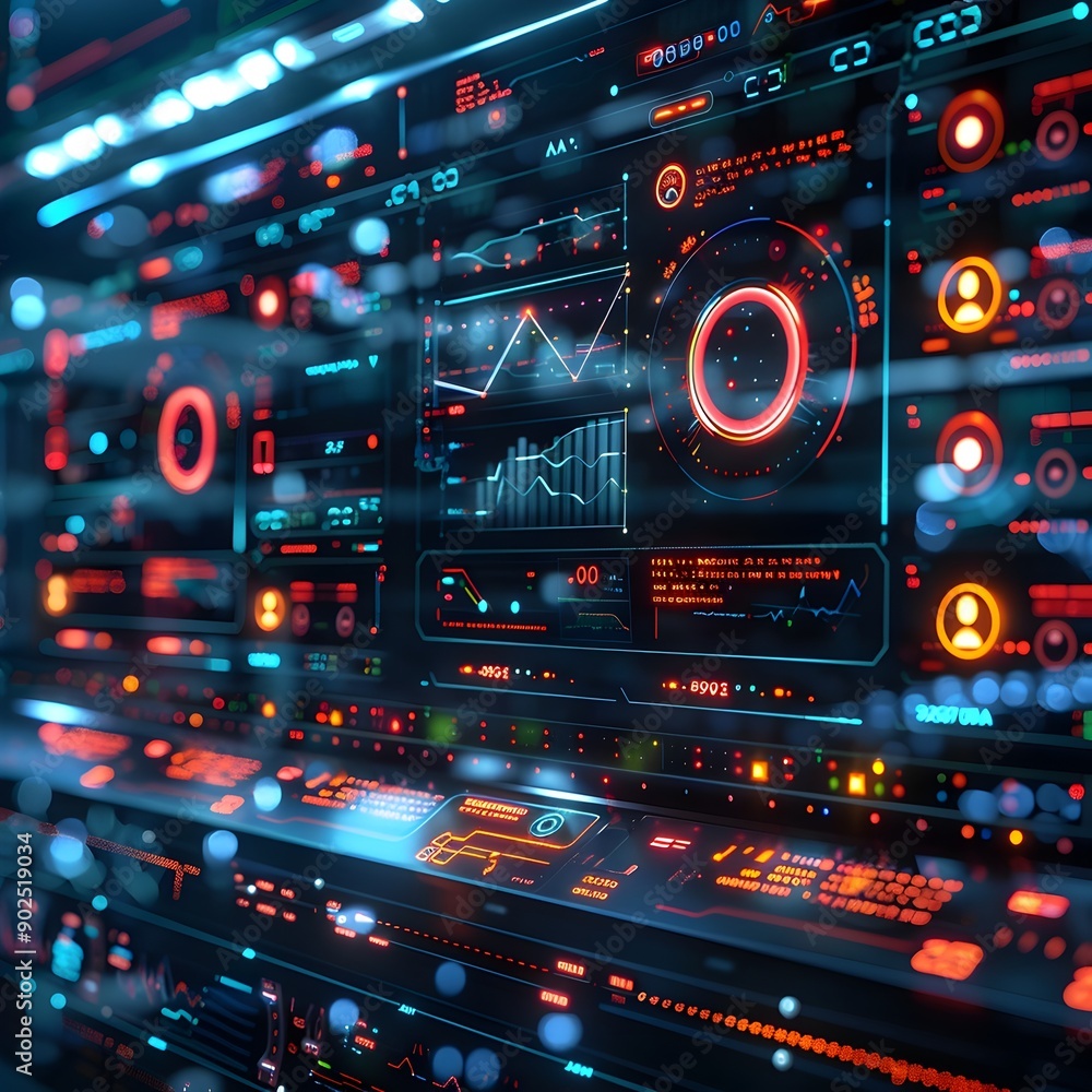 Poster cyber interface with holographic windows displaying real time data visualization