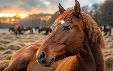 Obraz premium A brown horse with a white face is laying down in a field. The sun is setting in the background, creating a warm and peaceful atmosphere