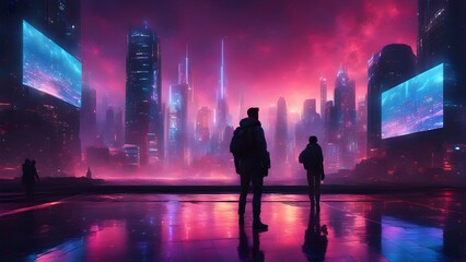 A man and a woman stand on a wet city street looking at a large screen