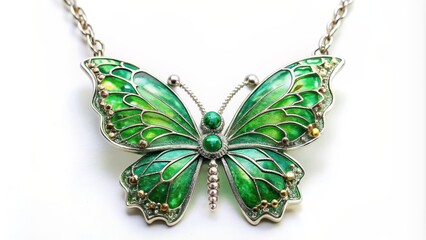 Fototapeta premium Emerald Butterfly Necklace - Green and Silver Jeweled Pendant, necklace, jewelry, butterfly, pendant