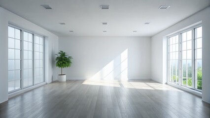 Fototapeta premium Empty Room with Light Streaming Through Windows, White Walls, Hardwood Floors, and a Plant, interior design, modern, minimalist