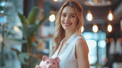 Obraz premium Businesswoman with a piggy bank in an bank