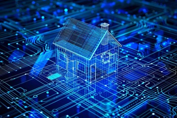 Digital Smart Home Model with Blue Lighting Concept of Advanced Technology Connectivity and Innovation in Modern Living