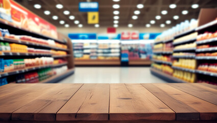 Obraz premium An empty table on defocused Shopping store or supermarket background, Table on blurry supermarket background, Blurred supermarket