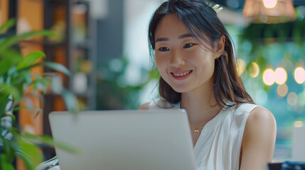 Smiling Asian businesswoman working on a laptop in a modern office