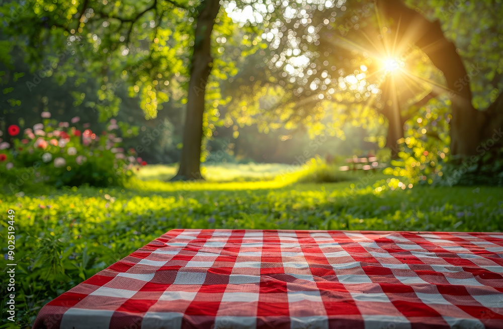 Poster a checkered red and white picnic table with a sunny day outside. the table is empty and the sun is s