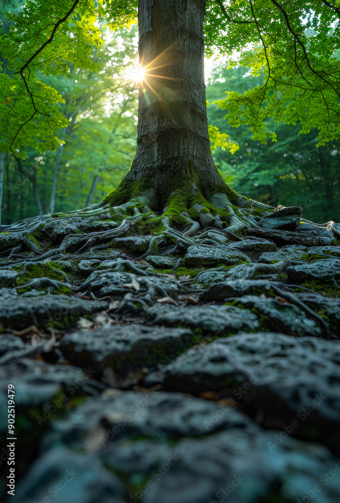 Poster a tree with its roots sticking out of the ground. the roots are covered in moss and the tree is surr
