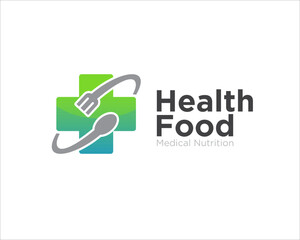 plus health and healthy food, with the implementation of spoon and fork in the plus sign