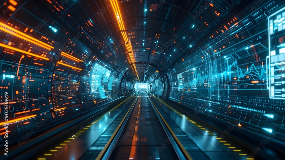 Poster futuristic transport hub with digital signage and automated systems cyber background concept